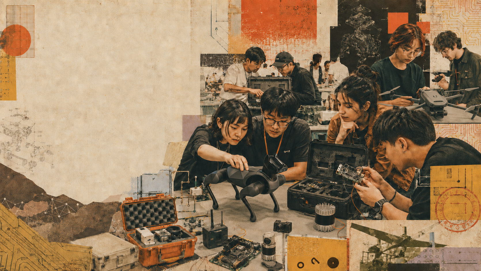 Editorial collage of professional hardware, builders, device diagrams, and hackathon activity